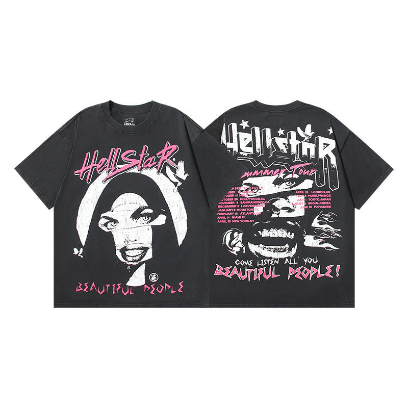 HELLSTAR 2025 American Streetwear Heavyweight Washed Vintage Oversized Short Sleeve T-Shirt