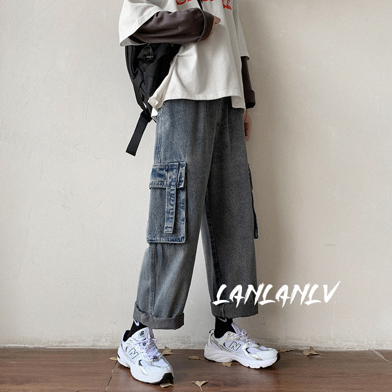 Men Jeans Cargo Jeans Men's Straight Loose Wide Leg Pants Retro Trousers
