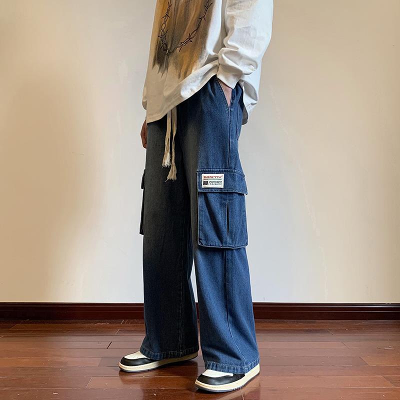 Men Jeans Washed-out Vintage Multi-Pocket Straight Loose Casual Wide-Leg Trousers