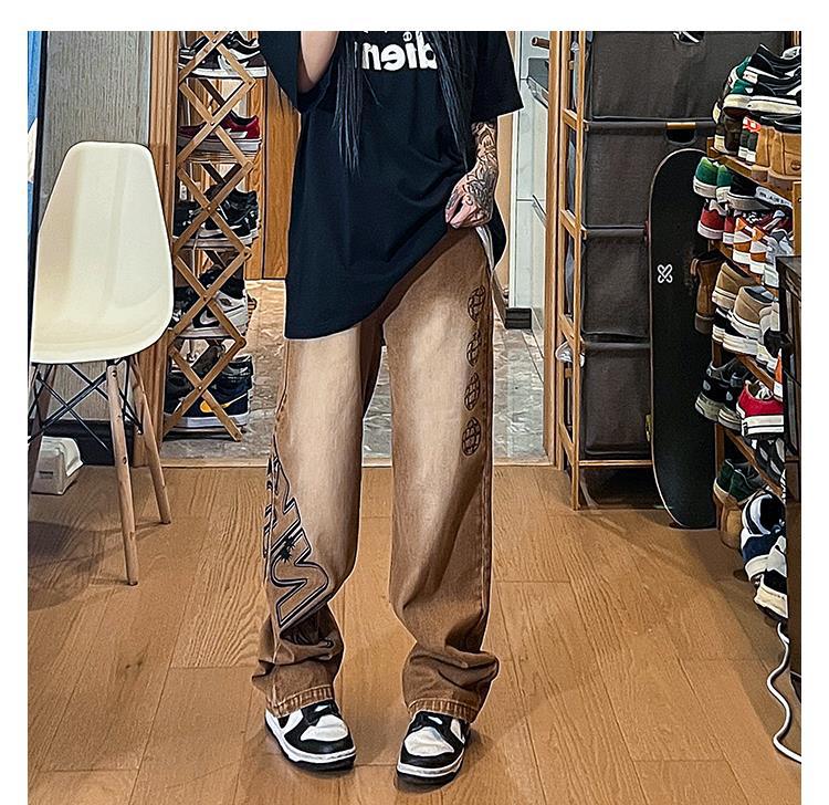 Men Jeans Vintage Jeans Spring and Autumn Distressed Baggy Straight Trousers