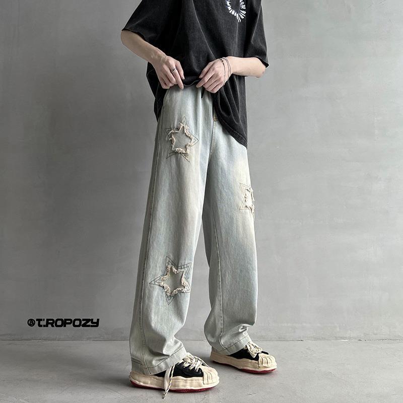 Men Jeans Five-Pointed Star Summer Washed-out Vintage Wide Leg Denim Trousers