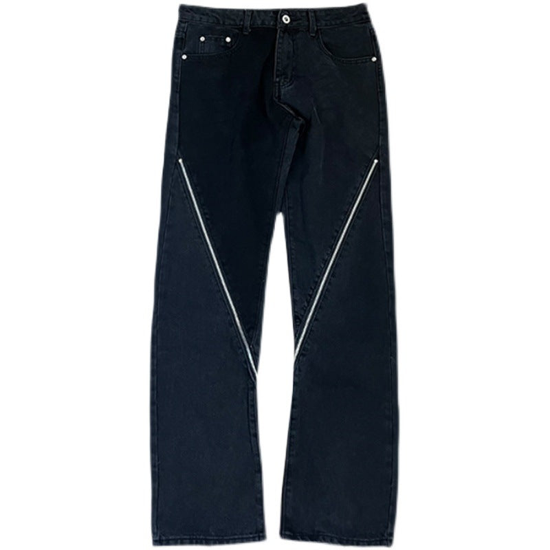 Men Jeans Zipper Jeans Design Slit Hiphop Washed Baggy Straight Trousers
