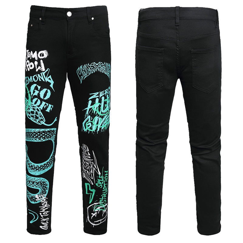 Mens Fashion Jeans Green Snake Street Graffiti 5705#