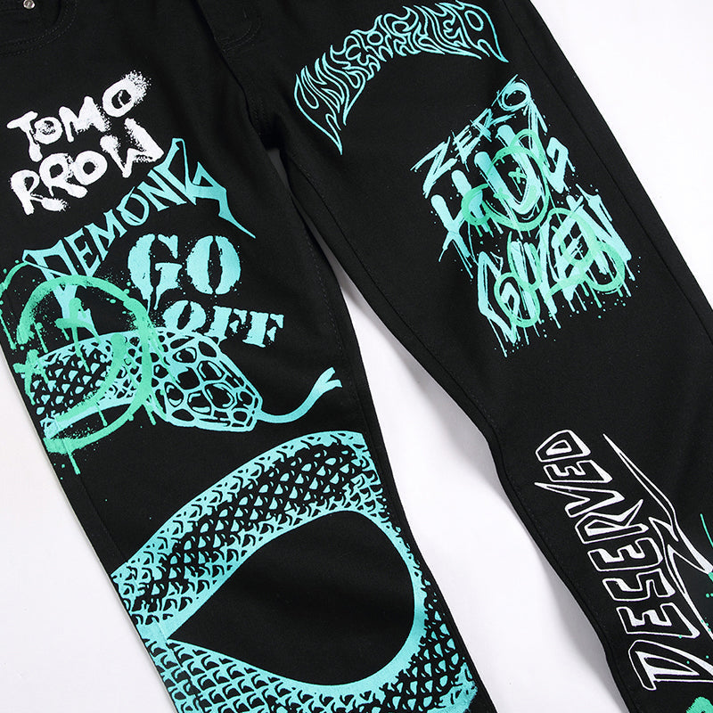 Mens Fashion Jeans Green Snake Street Graffiti 5705#