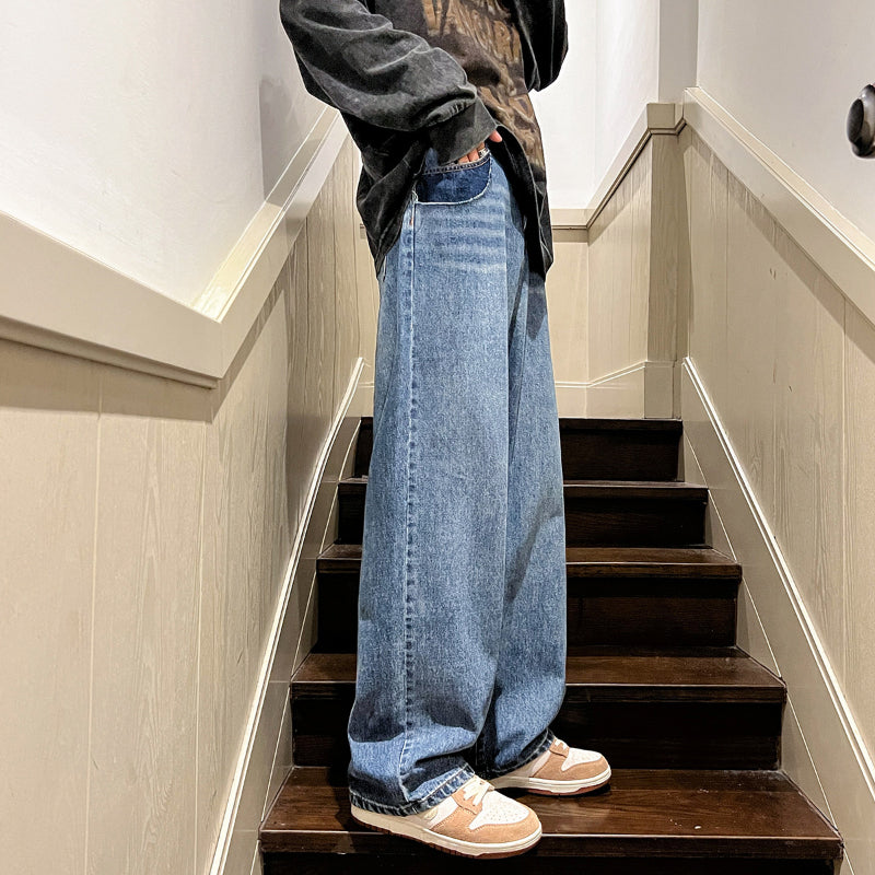 Men Jeans Washed-out Vintage Jeans Autumn Loose Casual Wide-Leg Straight Pants