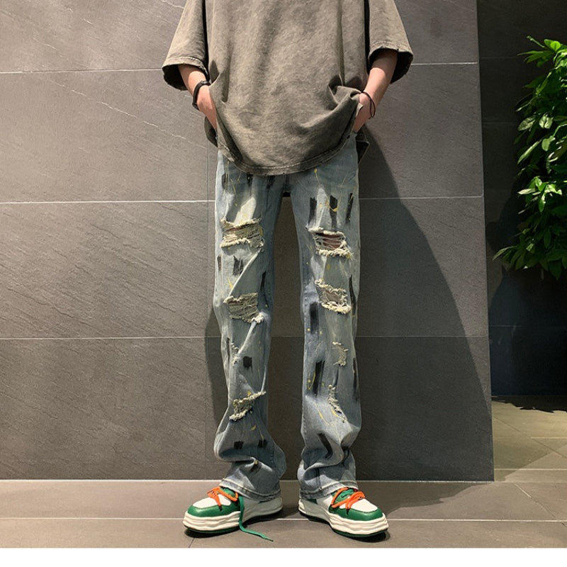 Men Jeans Straight Jeans Summer Ripped Trousers