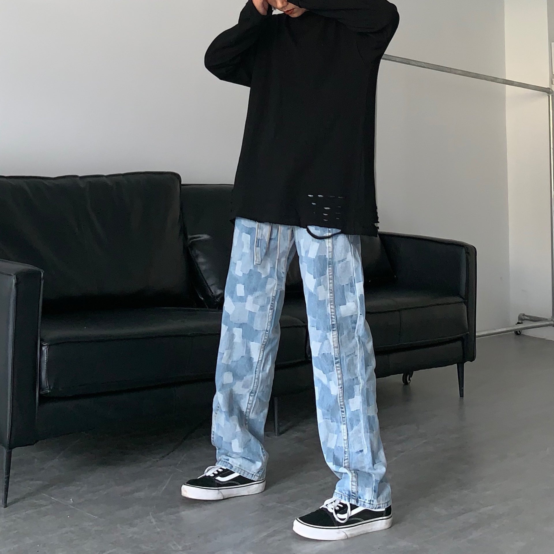 Men Jeans Straight Wide-Leg Pants Casual Loose Hip Hop Washed Denim Trousers