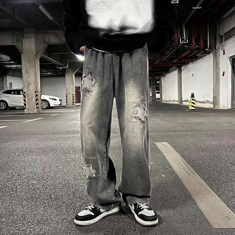 Men Jeans Summer Broken Loose Straight-Leg Wide-Leg Pants